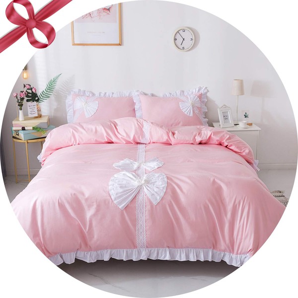 Softta Pink Girls Bedding Set King Duvet Cover 3 Pcs Princess Ruffled Lace with Cute Bownot 100% Cotton Bedding with Zipper Ties 1 Duvet Cover 2 Pillow Shams