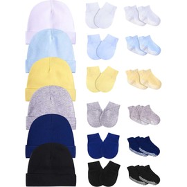 Baby Hats Mittens and Socks Set Unisex Cotton Beanie Cap and Scratch Mitten Non-Slip Baby Ankle Socks for Boys and Girls (White, Black, Grey, Light Blue, Navy Blue, Beige,6 Sets)