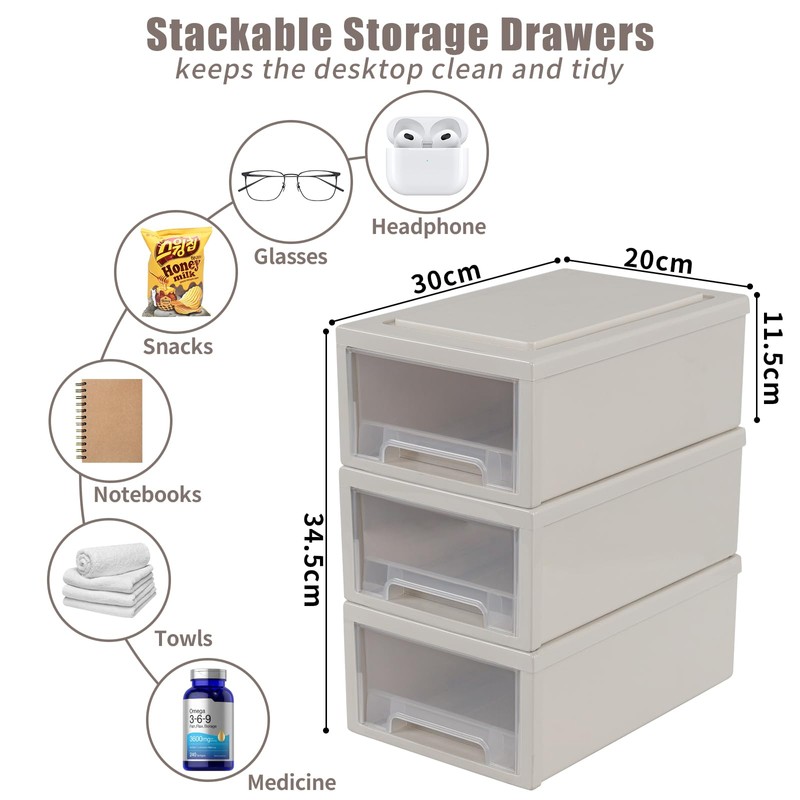 Doryh 3 Pack 6.5 L Small Plastic Storage Drawers, Stacking