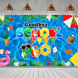 Oudain Goodbye School Hello Pool Backdrop Banner 73 x 43 Inch Large End of School Year Backdrop Splish Splash Banner for Beach Pool Party Decorations Summer Vacation Indoor Outdoor Photo Booth Props