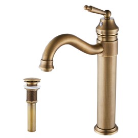 GGStudy Tall Body Single Handle One Hole Bathroom Vessel Sink Faucets Antique Brass Finish with Pop Up Drian Without Overflow