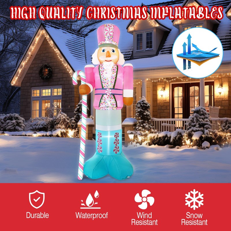PARAYOYO 10FT Christmas Inflatables Pink Nutcracker Hold Candy Cane, Christmas