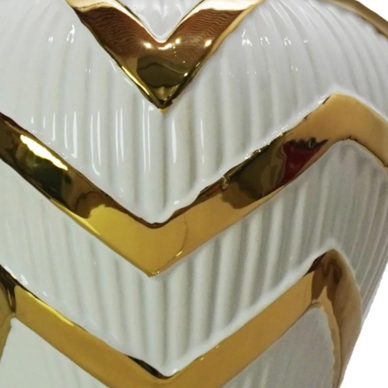 Homeroots 18" White and Gold Chevron Urn Ceramic Ginger Jar