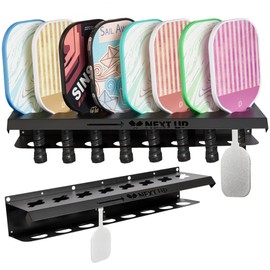 Retrora Pickleball Rack Holds 8 Paddles at 45-Degree Angle, With Slider Marker to Track Next Up Players, Fence or Wall Mount, Steel, Black