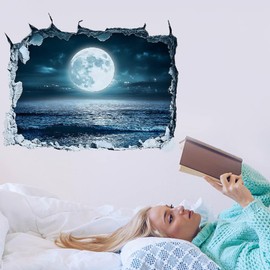SUPERDANT 3D Wall Stickers Moon Over The Sea 3D Break Wall Decals Moon and Ocean Art Stickers Nursery Wall Sticekrs Peel and Stick for Living Room Bedroom Home Decor