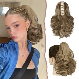 Sofeiyan Ponytail Extension 11" Claw Clip in Ponytail Hair Extensions Curly Wavy Ponytail Fluffy Synthetic Hairpiece for Women Daily Use,Light gold mixed with white gold