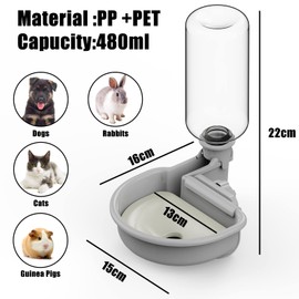 TOKAYIFE Wasserspender Hund für Käfig, 480ml trinkflasche Hunde Automatischer und Anti-Überlauf, Haustier Trinkbrunnen für Hunde Katzen und Kaninchen (Grau)