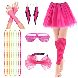 80s Fancy Party Costume Accessories Set,Adult Tutu Leg Warmers Fishnet Pink Gloves Neon Necklaces Bead 80s Lace Bow Headband Lighting Earrings Sunglasses,1980s Fancy Dress Girls Women Night Out Party