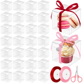 Mardatt 30Pcs 3x3x3in Clear Favor Boxes with Ribbons Scissor, Plastic Clear Boxes for Favors Transparent Cube Gift Boxes, Cupcake Boxes, Candy Boxes, Party Favor Boxes for Birthday Wedding