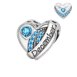 Qings Birthstone Heart Charms Beads Silver 925 Birthstone Charm Pendant Jewellery Compatible European Bracelets Necklace for Mother Christmas Birthday Gift, 925 sterling silver, Cubic Zirconia
