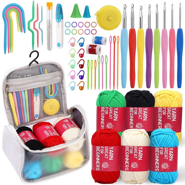 Deudy Crochet Kit with Crochet Yarn for Beginners, High Visibility Stitch Yarn and Ergonomic Crochet Hooks, 66 Pieces Complete Crochet Starter Set with Storage Bag for Knitting Crafts for Beginners