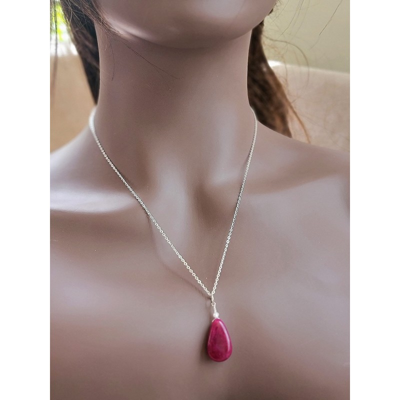 Natural tear drop red ruby pendant necklace with sterling silver