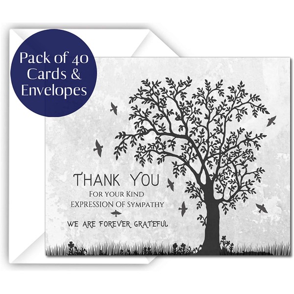 Funeral thank you cards with envelopes Celebration of life Floral Tree acknowledgment memorial Sympathy Christian Thank you notes (40 Pack)