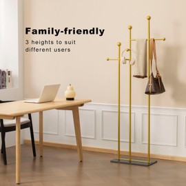 JIAYUEJU Standing Coat Rack with Marble Base Heavy Duty Clothes Hanger Rack Metal Coat Tree Hat Rack Stand for Clothes Hats Scarfs Purses 19.69 x 11.02 x 68.9 Inches (Gold)