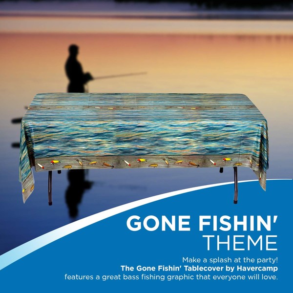Havercamp Fishing Table Cover! (54"x108") Rectangular Heavy Plastic Cover. Beautiful lakewater Background with Antique Lures. Gone Fishin' Collection