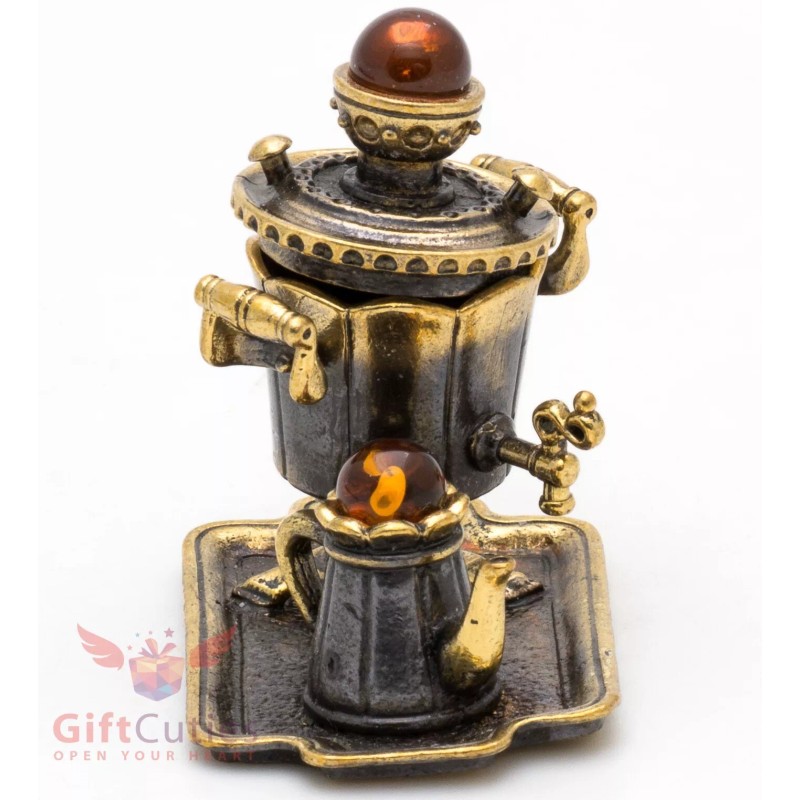 Brass Amber Figurine souvenir of Russian Samovar Teapot set souvenir