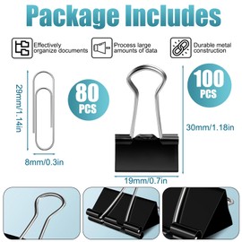 100 Stück Foldback Klammern Metall, 19 mm Büroklammern mit 1 Box Büroklammern, Metallklammern, Binder Clips, Papierklammer, Vielzweckklammern für Bürobedarf, Schule, Notizen, Briefpapier (Schwarz)