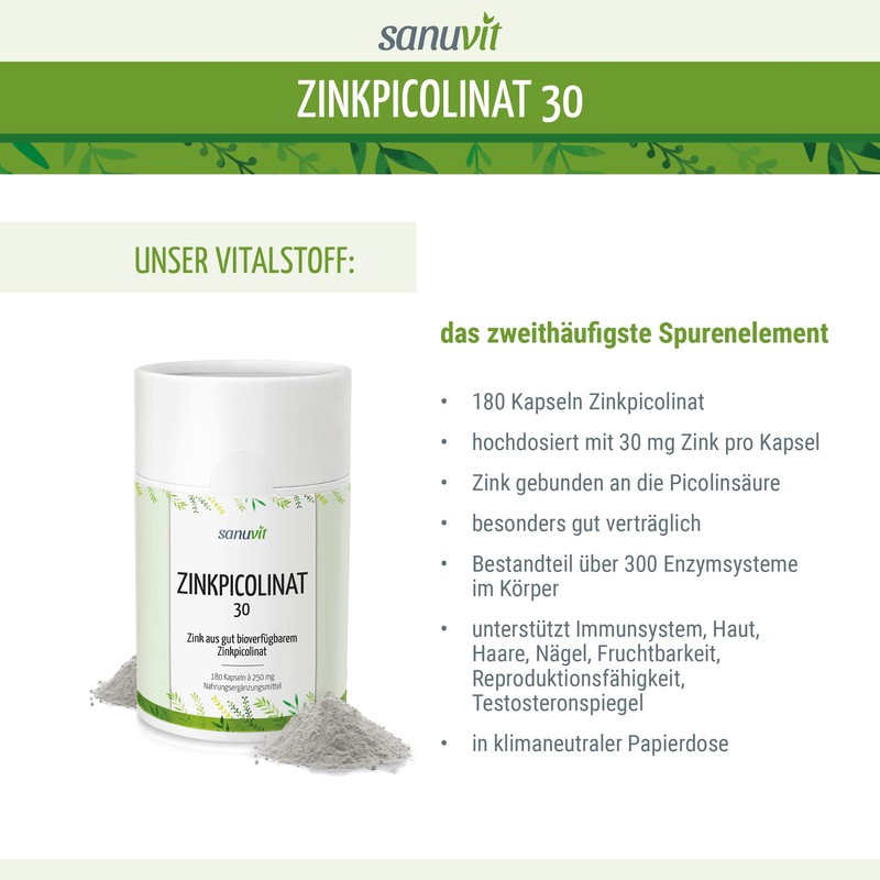 Sanuvit® - Zinc 30 mg per capsule, 180 capsules, high