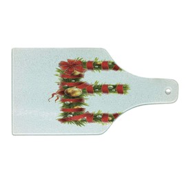 Ambesonne Christmas Alphabet Cutting Board, E Letter Ornamented with Red Ribbons and Golden Balls Art, Decorative Tempered Glass Cutting and Serving Board, Wine Bottle Shape, Pearl and Olive Green