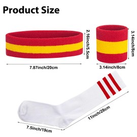 NANXJIUR Sweatband Striped Sock Set for Men Women Sweatband Headband High Sports 80s Party Costumes Theme Accessories Sports Headband Wristbands High Tube Socks (Red/Yellow/Red)