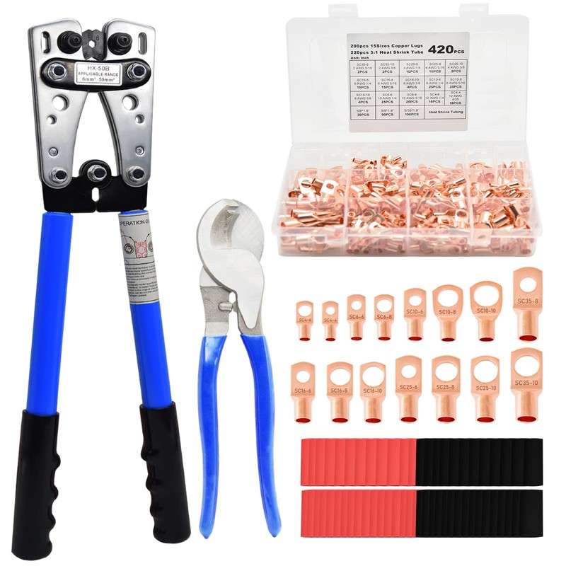 Cable Lug Crimping Tool with 200Pcs Copper Wire Lugs, Battery