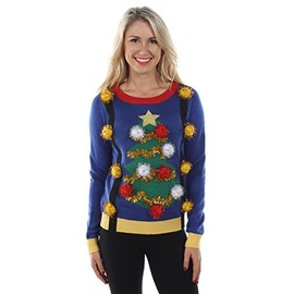 Tipsy Elves Women's Ugly Christmas Sweater - Decorated Christmas Tree Blue Holiday Pullover Size X-Large