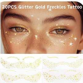 20PCS Glitter Gold Freckles Tattoo, Temporary Face Tattoo for women and Kids,Gold Face Sparkle Faux Freckles Makeup Stickers,Face Jewels Festival Makeup Accessories Decor Star