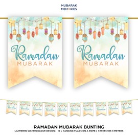 Ramadan Mubarak Bunting Decorations (Watercolour Lanterns) - Ramadhan Kareem Banner Flags Hanging Decor for Home Domes Lanterns Moon Star