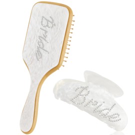 Vicenpal 2 Pcs Bride Gifts Include Paddle Brush and White Acrylic Claw Hair Clip with Rhinestone Bride Design for Bridesmaid Gift, Bridal Shower Bachelorette Party Wedding