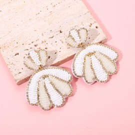 Summer Beach Earrings for Women Rhinestone Trimmed Beaded Shell Drop Dangle Earrings Bohemia Hawaii Tropical Vacation Jewelry Gifts (White)