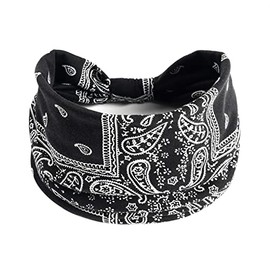 Bomeirc 1 Pack Boho Headbands Stretch Paisley Print Bandana Headband Criss Cross Hair Bands Knotted Head Wrap Yoga Daily for Women and Girls (Black)