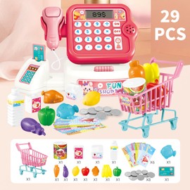 Toy Till Cash Register with Scanner for Kids, Mini Kids Shop Play Till，Shopping Till Pretend Play, for 3 Year Old Girls Boys, Pretend Role Play Money Food Learning Toys Gift for Toddler