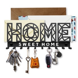SirHoldeer Home Sweet Home Wall Mounted Key Rack with Letter Tray Shelf - Decorative Holder with 10 Hooks - Easy Assembly Resistant Stainless Steel Black 275 x 115mm