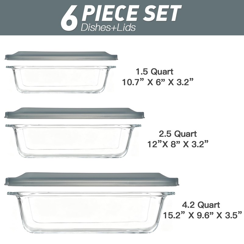 6-Piece Extra-Deep Glass Baking Dish Set with Lids, Rectangular Glass