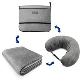 FunLake 3-in-1 Travel Pillow Blanket Set - Soft Flannel Convertible Pillow, Blanket & Neck Pillow with Backpack Clip | Compact Travel Essentials for Airplane, Car, Office, Grey