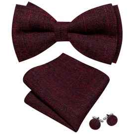 YOHOWA Maroon Bow Ties for Men Cotton Linen Pre-tied Bow Tie Set with Handkerchief Cufflinks Party Wedding Prom