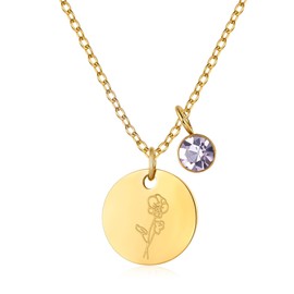 YeGieonr Birth Flower Pendant Necklace for Women, Stainless Steel Round Pendant with Cubic Zirconia, Tarnish-Free & Hypoallergenic Gift for Her, 45+5 Centimeters, Stainless Steel Cubic Zirconia, Cubic
