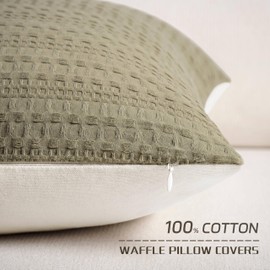 ZeeMart 100% Cotton Waffle Textured Lumbar Throw Pillow Covers Set of 2, 12x20 Inch Khaki Green, Soft Farmhouse Decorative Couch Pillow Cases Green Cushion Covers for Sofa Bed Living Room