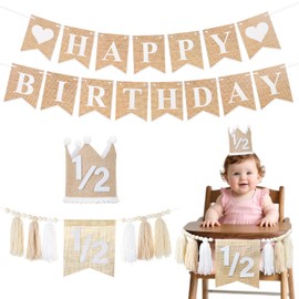 FCKLVMC 3 Pcs Sets 1/2 Birthday Boy Girl High Chair Banner with 1/2 Birthdays Hat and Banner, Half Birthday Decorations for 6 Months Baby Party