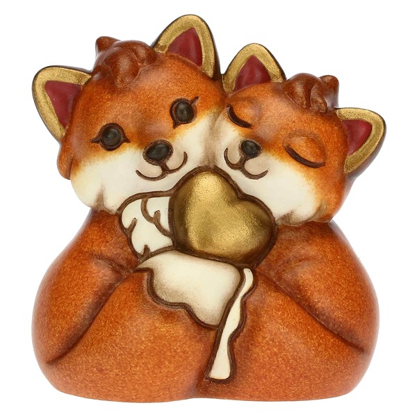THUN, Hand Decorated Ceramic Favour with Conical Pair of Fox and Golden Heart Symbol of Love Line Bonbonniere, 4.7 x 3.5 x 5 cm H, multicoloured
