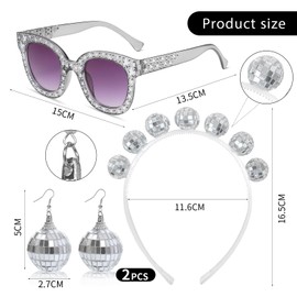 Meleager Disco Accessories Women's Disco Ball Earrings Headband with Sunglasses, 70s Costume Accessories Glitter for Costume Party Clothing Concert, Carnival