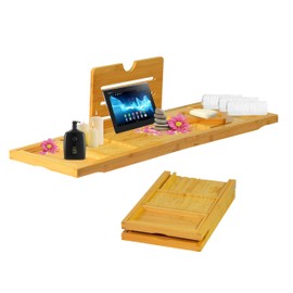 US Choice Adjustable Bamboo Bathtub Tray Caddy - Collapsible & Folding Bath Tray for Tub - Premium Spa Accessories for Housewarming, Anniversary, Bridal Shower