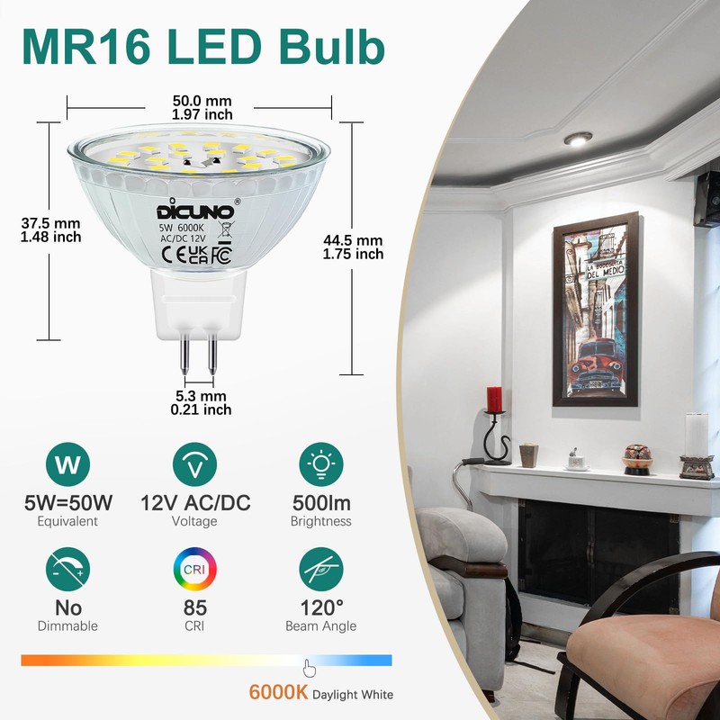DiCUNO GU5.3 LED Bulb, Non-dimmable 12V MR16 Spotlight Bulb, Daylight