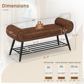 LUE BONA End of Bed Bench, Entryway Bench Bedroom Ottoman with Storage Shelf, 45.3" Leather Upholstered Shoe Bench with Metal Frame, 330LB Capacity for Living Room, Foyer, Bedroom, Brown