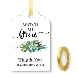 Watch Me Grow Tags for Baby Shower Succulents, Baby Shower Thank You Tags, Baby Shower Favor Tags, 1.7 x 2.8 Inch, 50 Pack with Golden Ribbon.