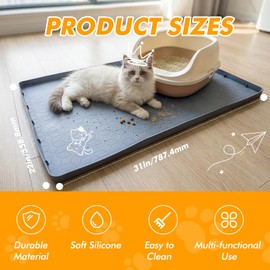 swihorab Silicone Cat Litter Mat for Litter Box, 31" x 22" Large Leak-Proof Tray, Scatter Control for Cat Litter, Soft Durable Material, Waterproof & Easy Clean Mat for Indoor Cats, Gray