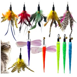 Repuesto de juguete para gatos con plumas de juguete para gatos, recambio de gusano de libélula natural, de plumas de pájaro natural, de repuesto para varita de gato (11 unidades, plumas, libélula y gusano)
