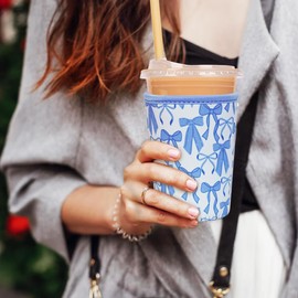 Reusable Insulated Neoprene Iced Coffee Cup Sleeve, Durable Drink Sleeve for Cold Beverages, Beverage Holder for Iced Coffee, Blue Bows