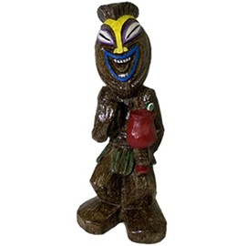 18" Friki-Tiki Full Body Totem Pole Statue Fist Pump with Strawberry Daiquiri Party Drink Outdoor Garden