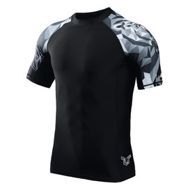 HUGE SPORTS Men's Short-Sleeved Splice Skins Rash Guard Shirt Swimming Shirt Rash Vest for Swimming Surfing, Bear